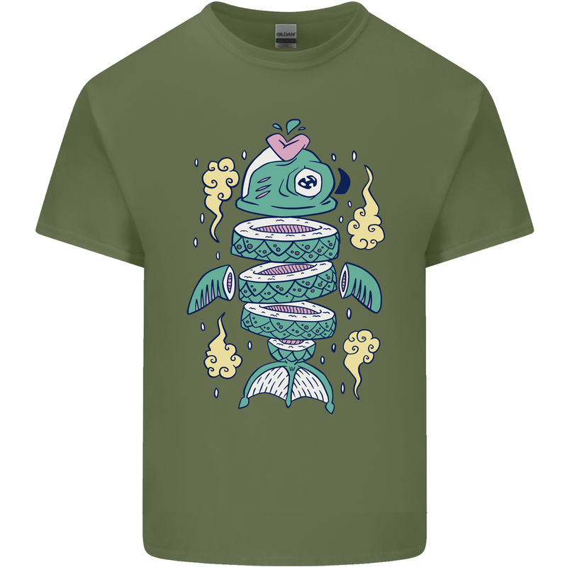 Funny Sliced Sushi Fish Fishing Fisherman Mens Cotton T-Shirt Tee Top Military Green