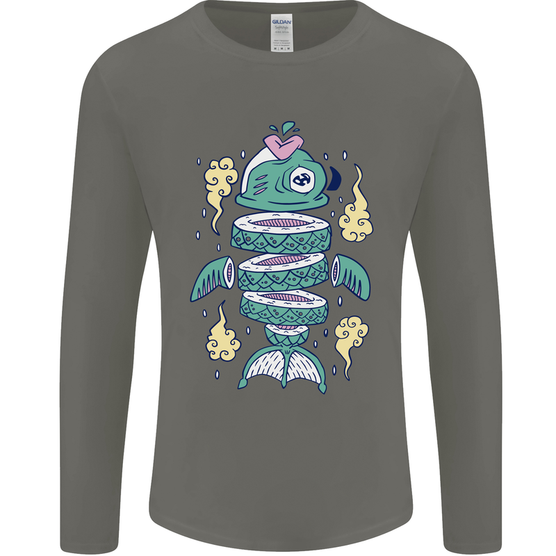 Funny Sliced Sushi Fish Fishing Fisherman Mens Long Sleeve T-Shirt Charcoal