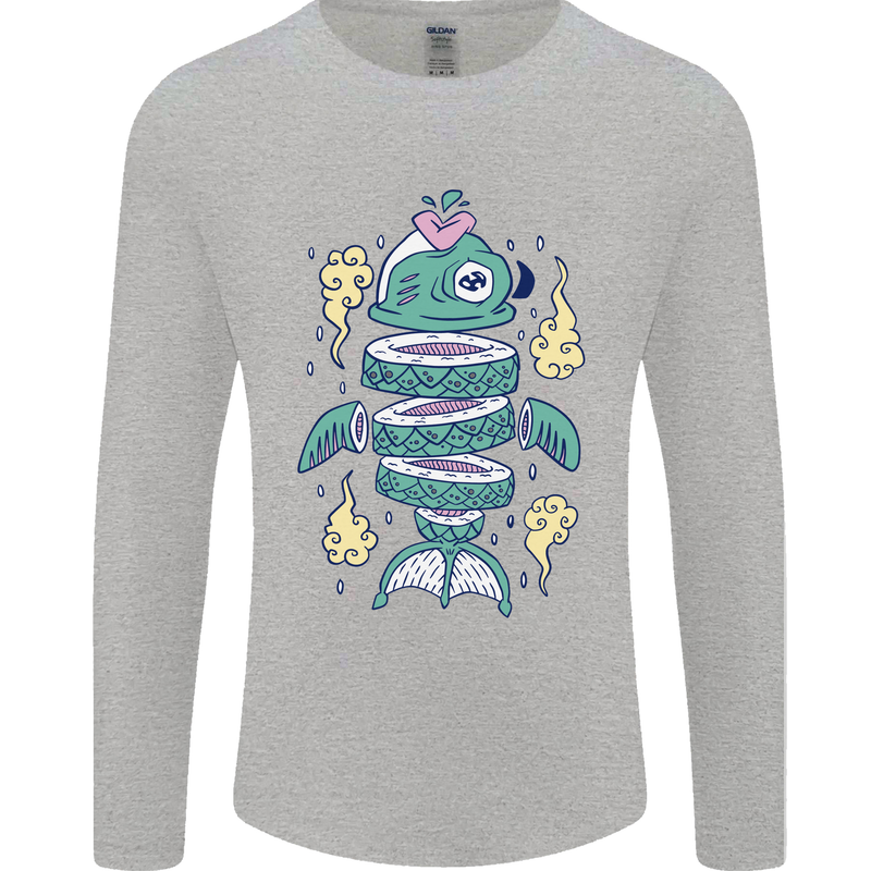 Funny Sliced Sushi Fish Fishing Fisherman Mens Long Sleeve T-Shirt Sports Grey