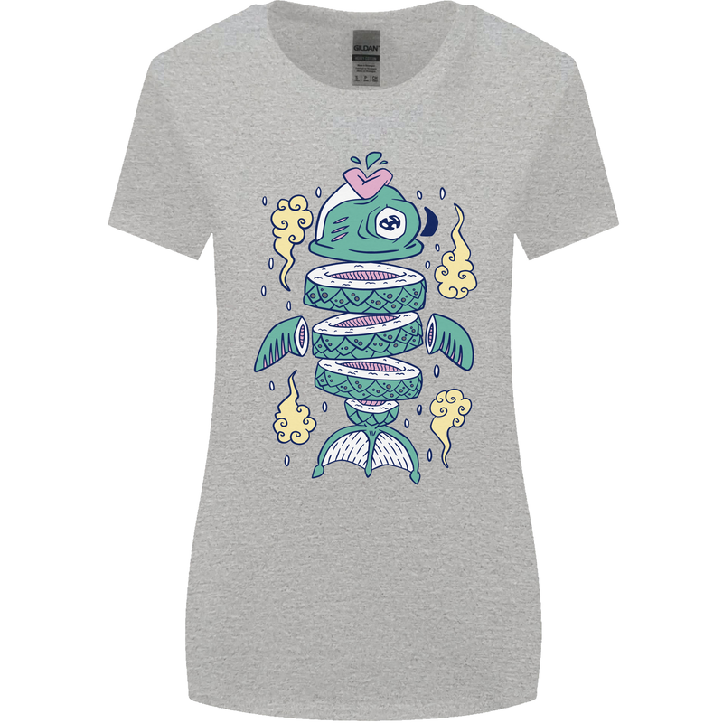 Funny Sliced Sushi Fish Fishing Fisherman Womens Wider Cut T-Shirt Sports Grey