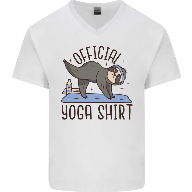 Funny Sloth Yoga Mens V-Neck Cotton T-Shirt White