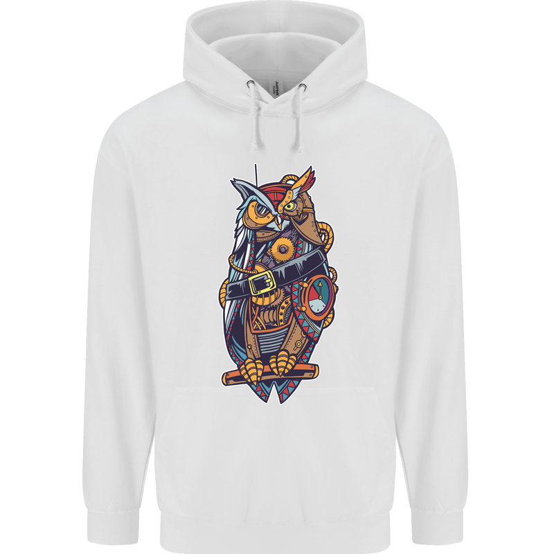 Funny Steampunk Pirate Owl Mens 80% Cotton Hoodie White