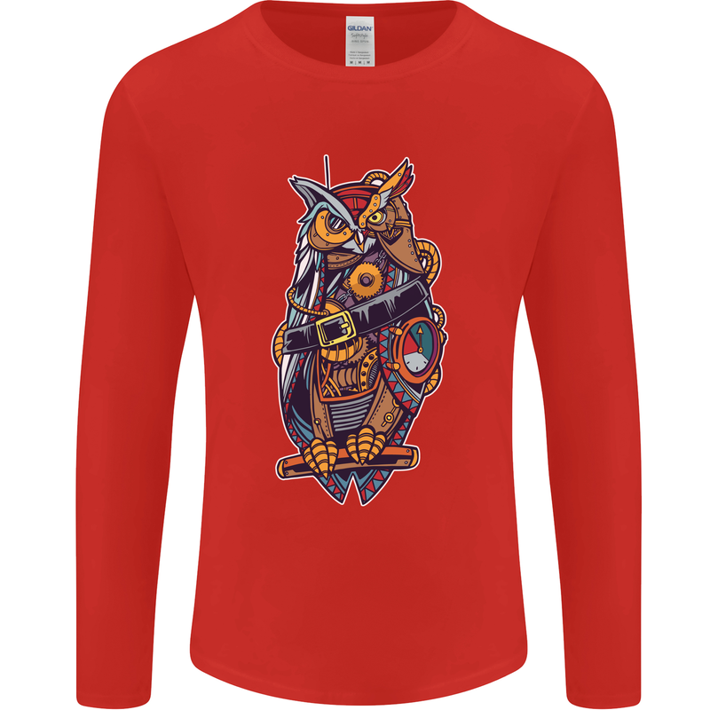 Funny Steampunk Pirate Owl Mens Long Sleeve T-Shirt Red