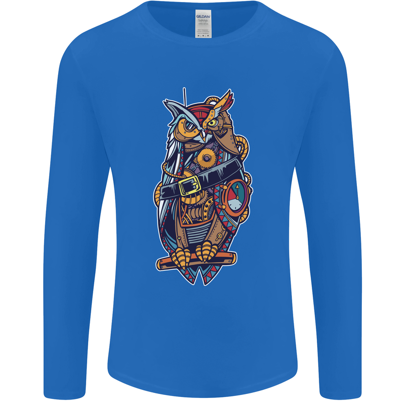 Funny Steampunk Pirate Owl Mens Long Sleeve T-Shirt Royal Blue