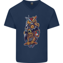 Funny Steampunk Pirate Owl Mens V-Neck Cotton T-Shirt Navy Blue