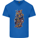 Funny Steampunk Pirate Owl Mens V-Neck Cotton T-Shirt Royal Blue