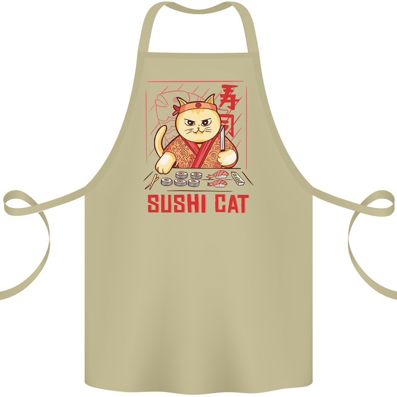 Funny Sushi Cat Food Fish Chef Japan Cotton Apron 100% Organic Khaki