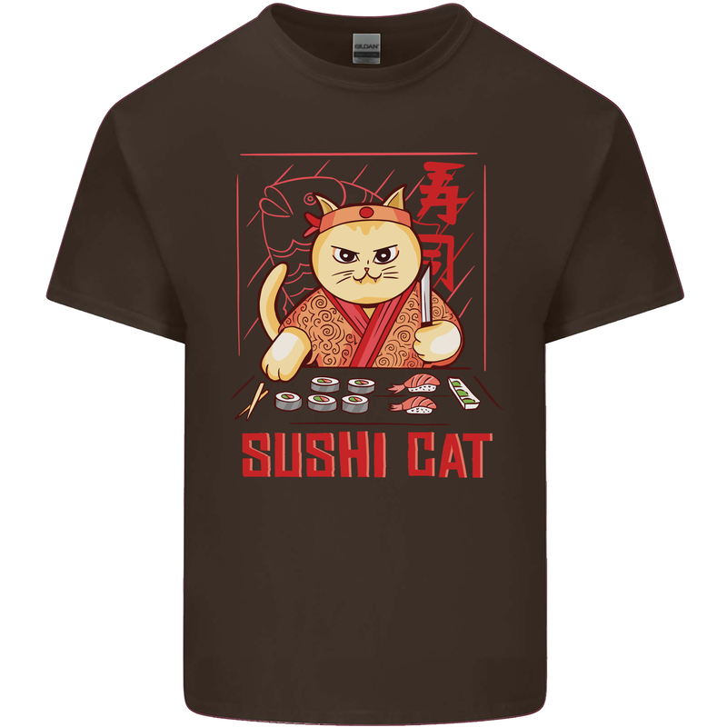 Funny Sushi Cat Food Fish Chef Japan Mens Cotton T-Shirt Tee Top Dark Chocolate