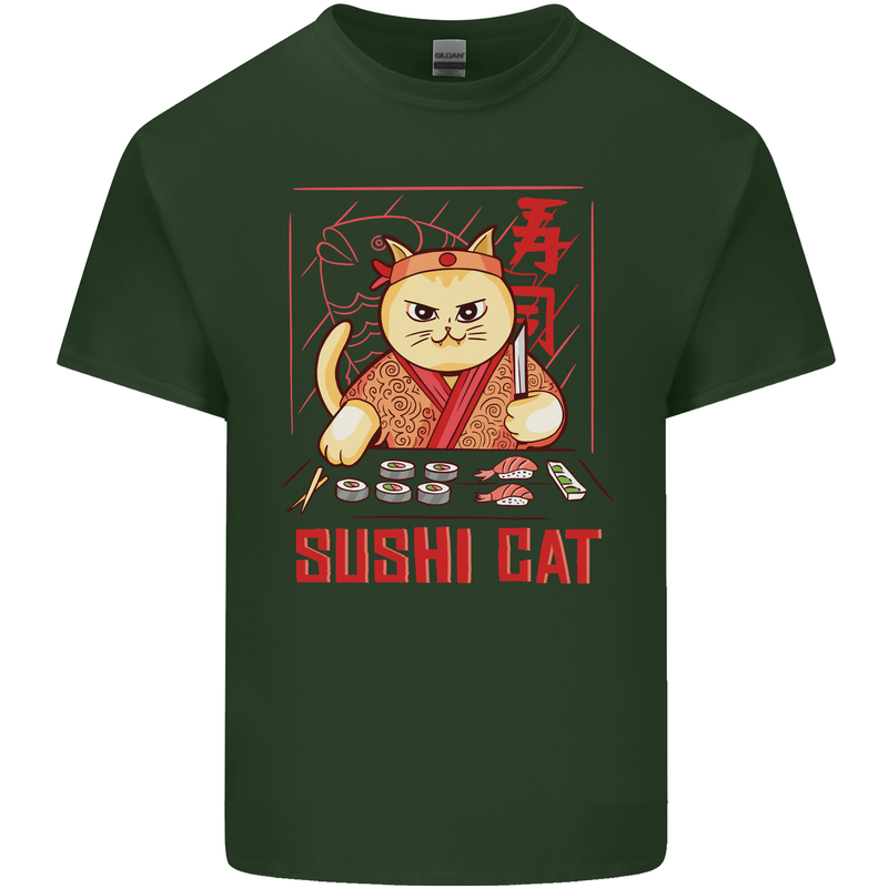 Funny Sushi Cat Food Fish Chef Japan Mens Cotton T-Shirt Tee Top Forest Green