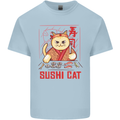 Funny Sushi Cat Food Fish Chef Japan Mens Cotton T-Shirt Tee Top Light Blue