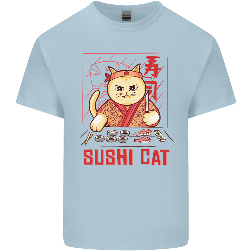 Funny Sushi Cat Food Fish Chef Japan Mens Cotton T-Shirt Tee Top Light Blue