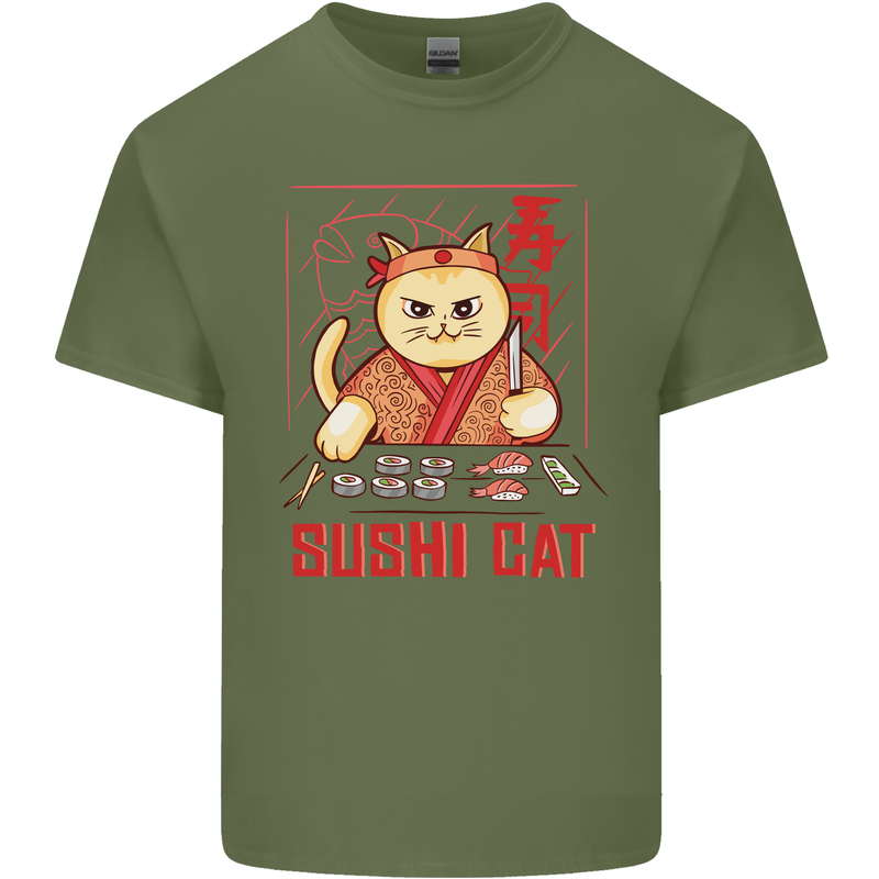 Funny Sushi Cat Food Fish Chef Japan Mens Cotton T-Shirt Tee Top Military Green
