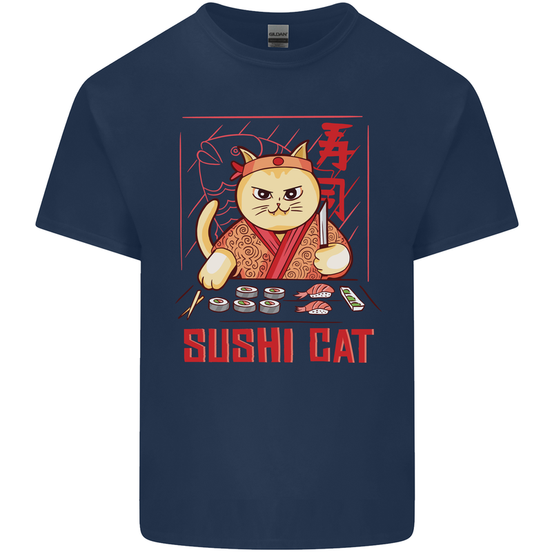 Funny Sushi Cat Food Fish Chef Japan Mens Cotton T-Shirt Tee Top Navy Blue