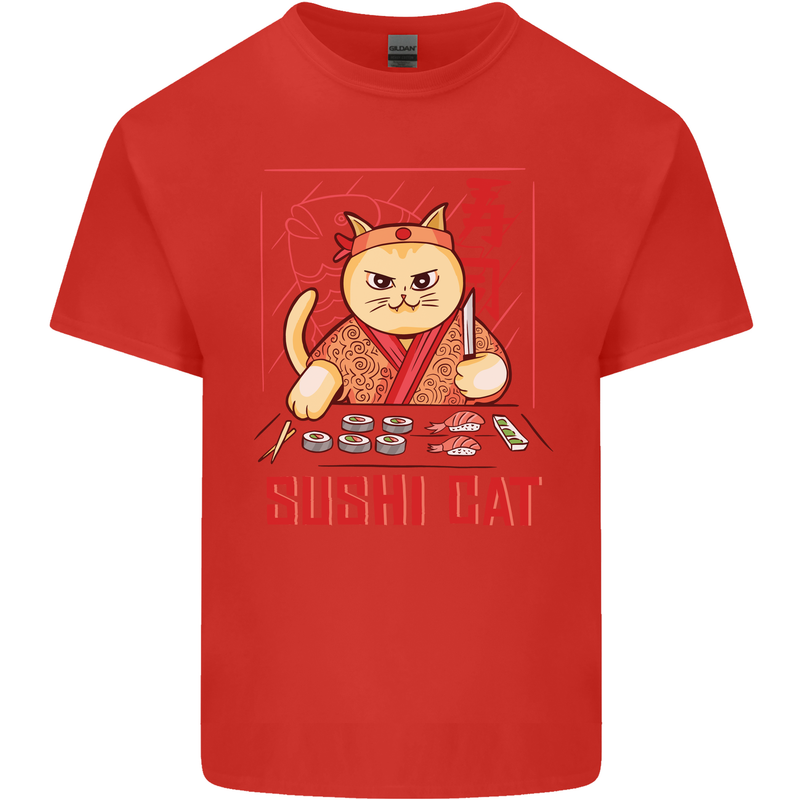 Funny Sushi Cat Food Fish Chef Japan Mens Cotton T-Shirt Tee Top Red