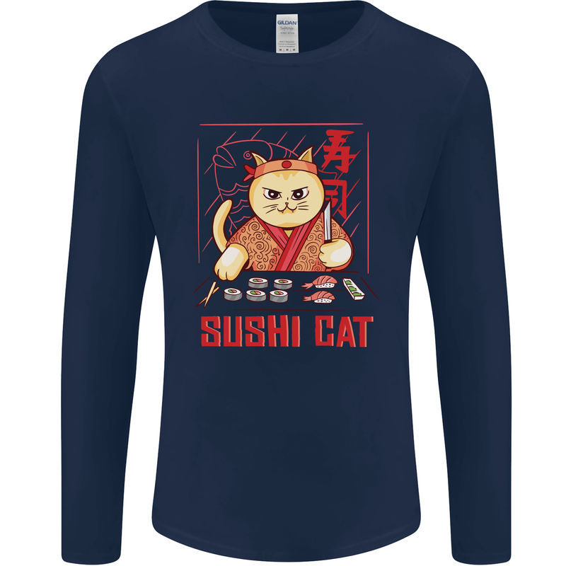 Funny Sushi Cat Food Fish Chef Japan Mens Long Sleeve T-Shirt Navy Blue
