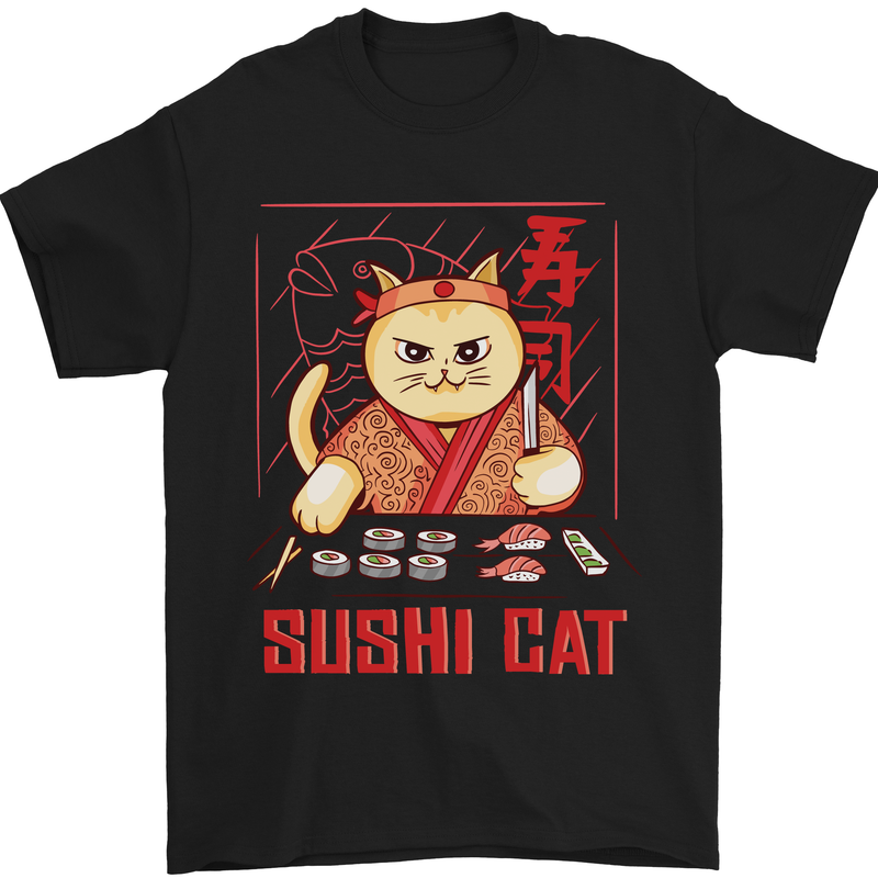 Funny Sushi Cat Food Fish Chef Japan Mens T-Shirt Cotton Gildan Black