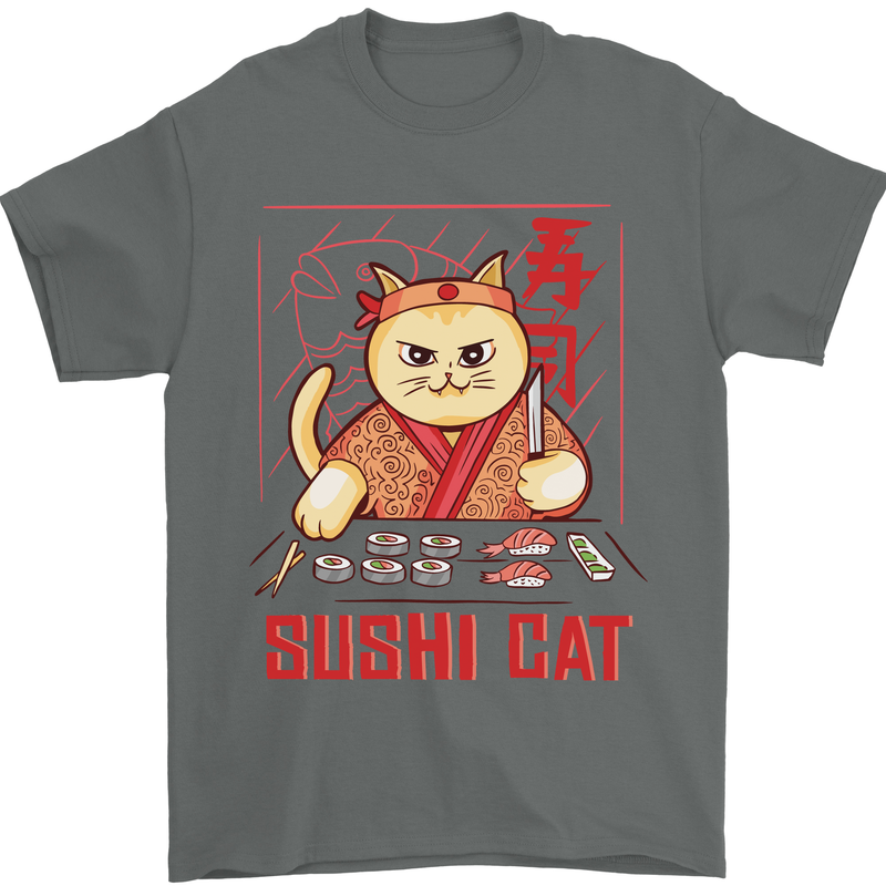 Funny Sushi Cat Food Fish Chef Japan Mens T-Shirt Cotton Gildan Charcoal