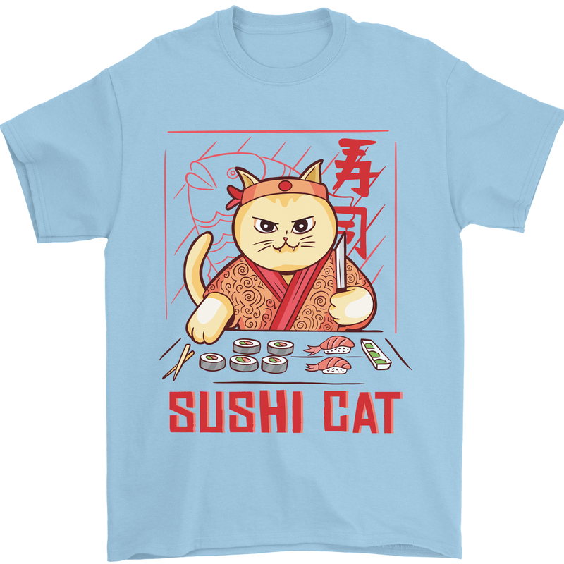 Funny Sushi Cat Food Fish Chef Japan Mens T-Shirt Cotton Gildan Light Blue