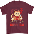 Funny Sushi Cat Food Fish Chef Japan Mens T-Shirt Cotton Gildan Maroon