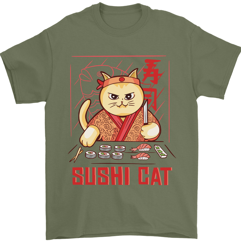 Funny Sushi Cat Food Fish Chef Japan Mens T-Shirt Cotton Gildan Military Green