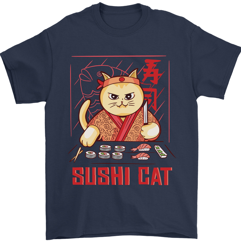 Funny Sushi Cat Food Fish Chef Japan Mens T-Shirt Cotton Gildan Navy Blue