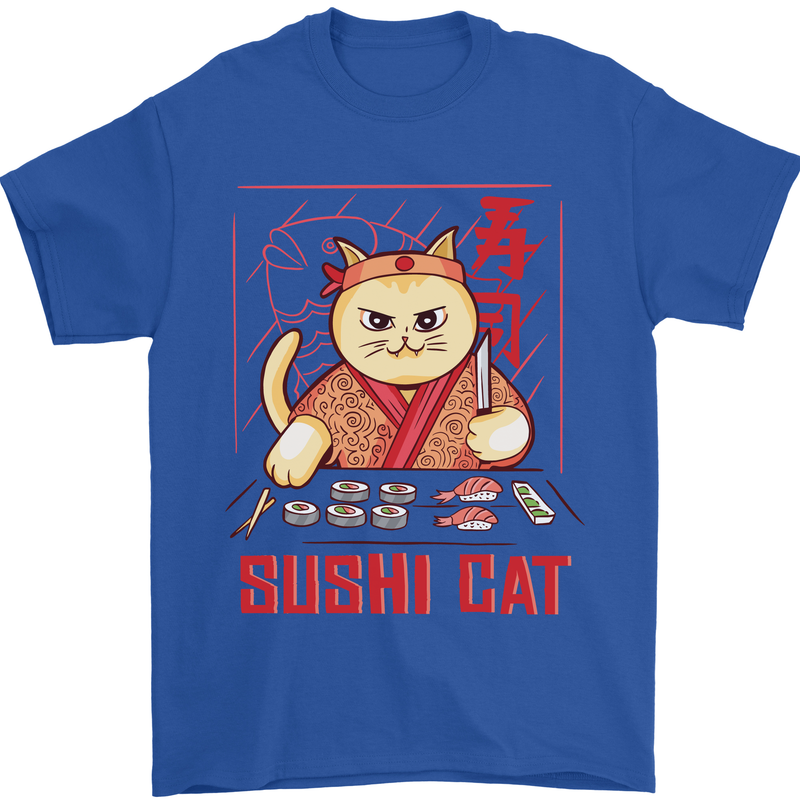 Funny Sushi Cat Food Fish Chef Japan Mens T-Shirt Cotton Gildan Royal Blue