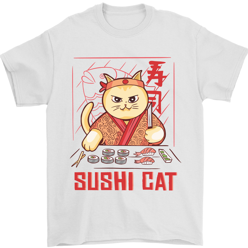 Funny Sushi Cat Food Fish Chef Japan Mens T-Shirt Cotton Gildan White