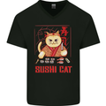 Funny Sushi Cat Food Fish Chef Japan Mens V-Neck Cotton T-Shirt Black