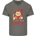 Funny Sushi Cat Food Fish Chef Japan Mens V-Neck Cotton T-Shirt Charcoal