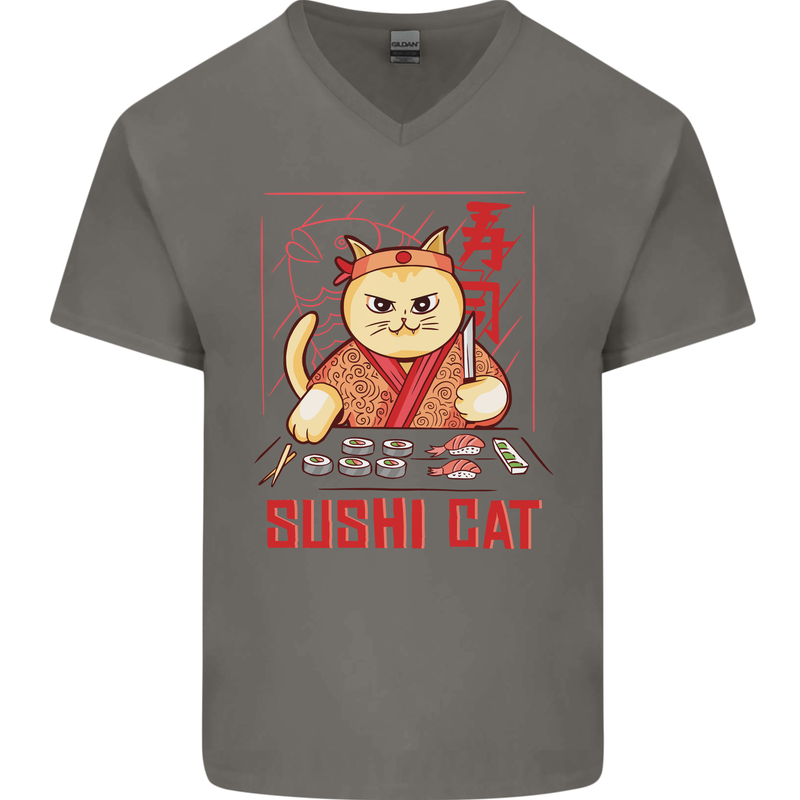 Funny Sushi Cat Food Fish Chef Japan Mens V-Neck Cotton T-Shirt Charcoal