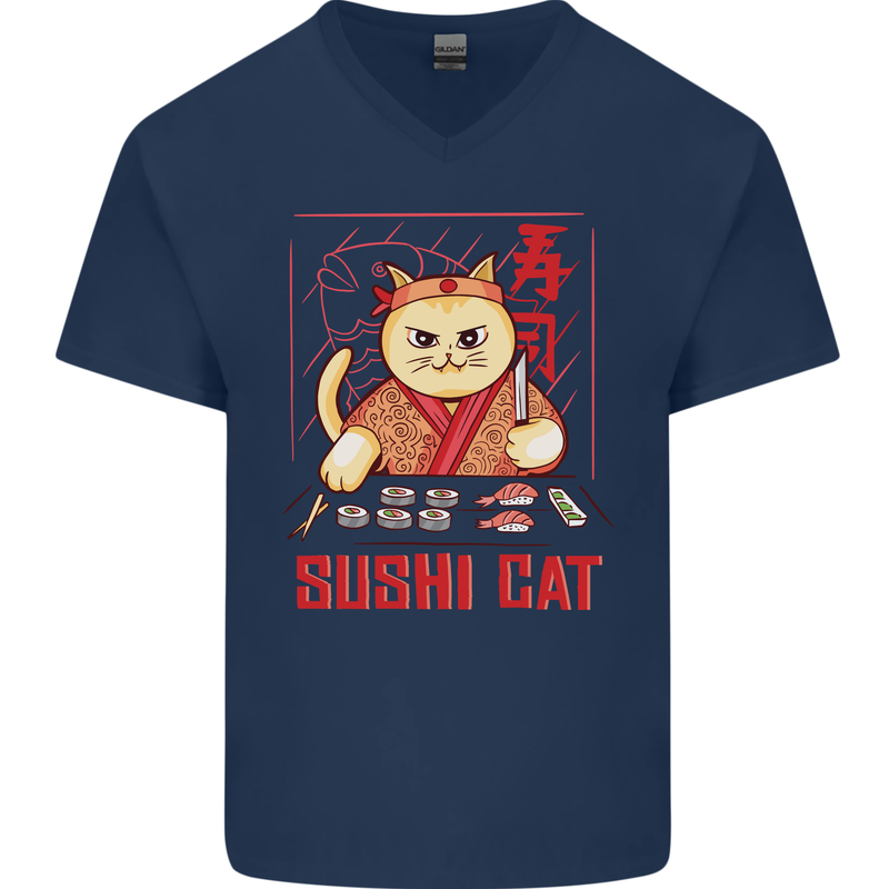 Funny Sushi Cat Food Fish Chef Japan Mens V-Neck Cotton T-Shirt Navy Blue