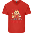 Funny Sushi Cat Food Fish Chef Japan Mens V-Neck Cotton T-Shirt Red