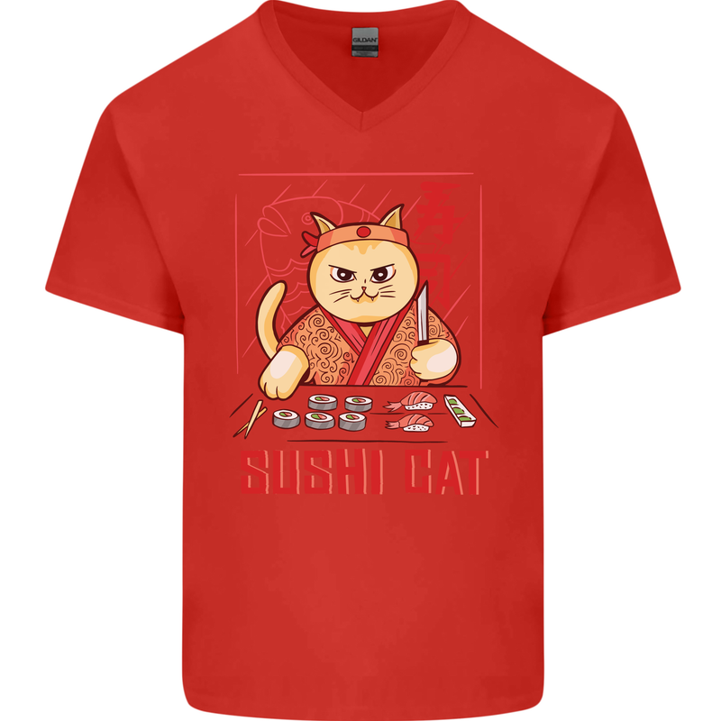 Funny Sushi Cat Food Fish Chef Japan Mens V-Neck Cotton T-Shirt Red
