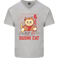 Funny Sushi Cat Food Fish Chef Japan Mens V-Neck Cotton T-Shirt Sports Grey