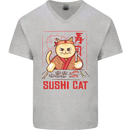 Funny Sushi Cat Food Fish Chef Japan Mens V-Neck Cotton T-Shirt Sports Grey