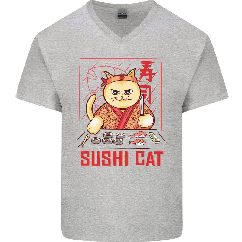 Funny Sushi Cat Food Fish Chef Japan Mens V-Neck Cotton T-Shirt Sports Grey