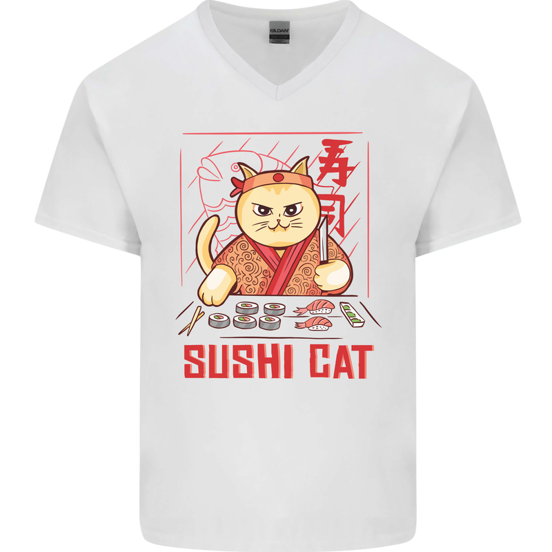 Funny Sushi Cat Food Fish Chef Japan Mens V-Neck Cotton T-Shirt White