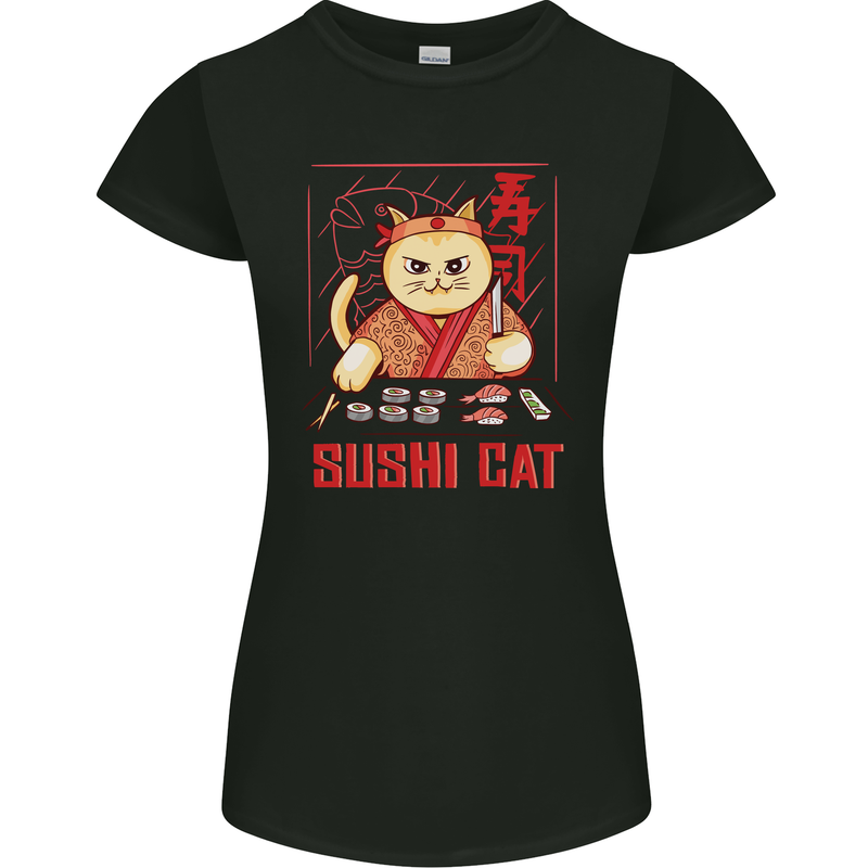 Funny Sushi Cat Food Fish Chef Japan Womens Petite Cut T-Shirt Black