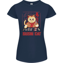 Funny Sushi Cat Food Fish Chef Japan Womens Petite Cut T-Shirt Navy Blue