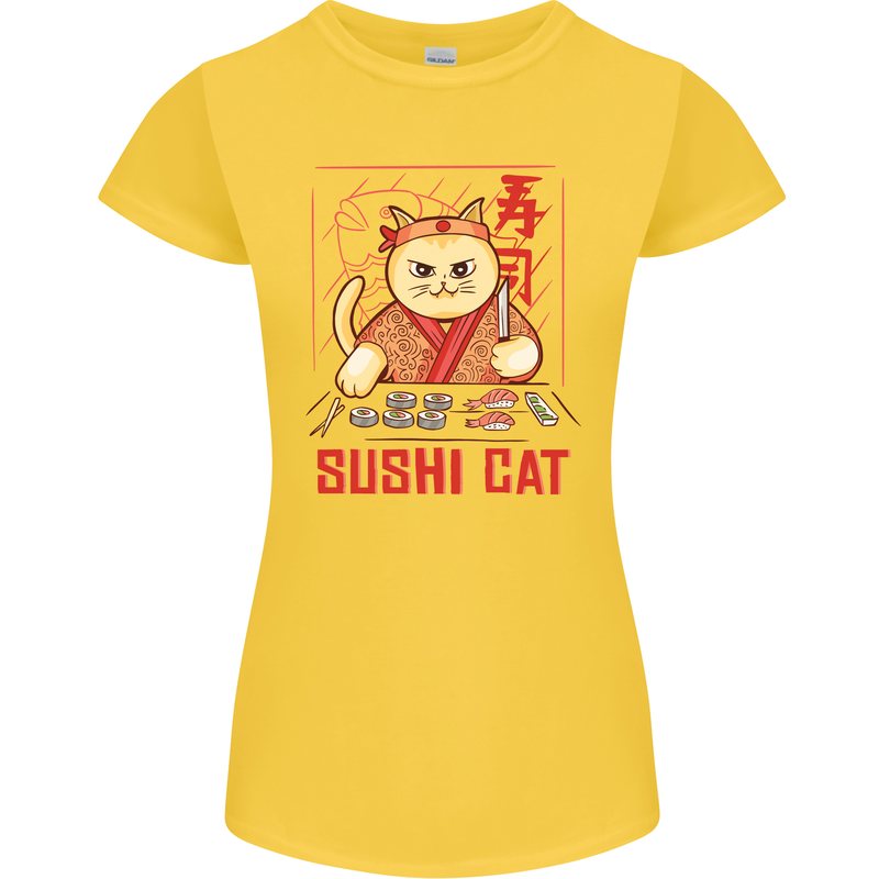 Funny Sushi Cat Food Fish Chef Japan Womens Petite Cut T-Shirt Yellow