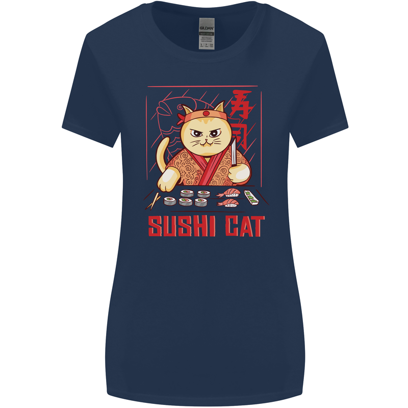 Funny Sushi Cat Food Fish Chef Japan Womens Wider Cut T-Shirt Navy Blue
