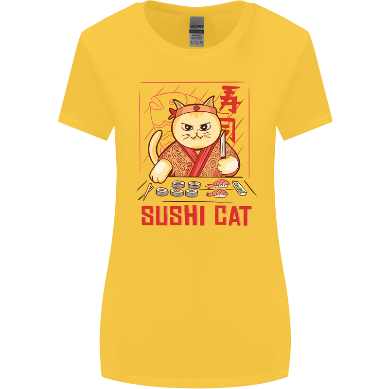 Funny Sushi Cat Food Fish Chef Japan Womens Wider Cut T-Shirt Yellow