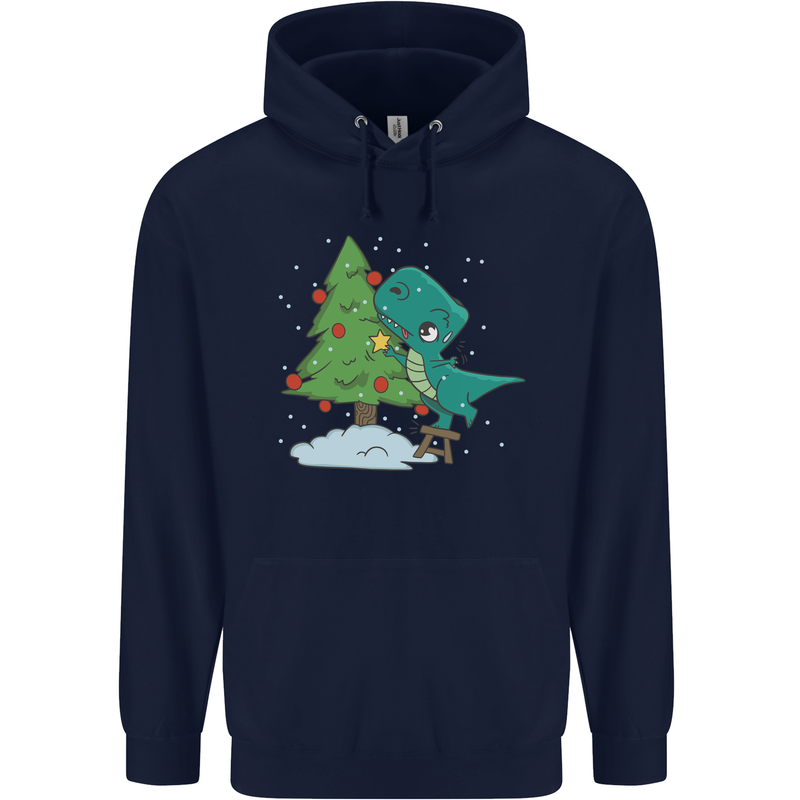 Funny T-Rex Christmas Tree Dinosaur Childrens Kids Hoodie Navy Blue