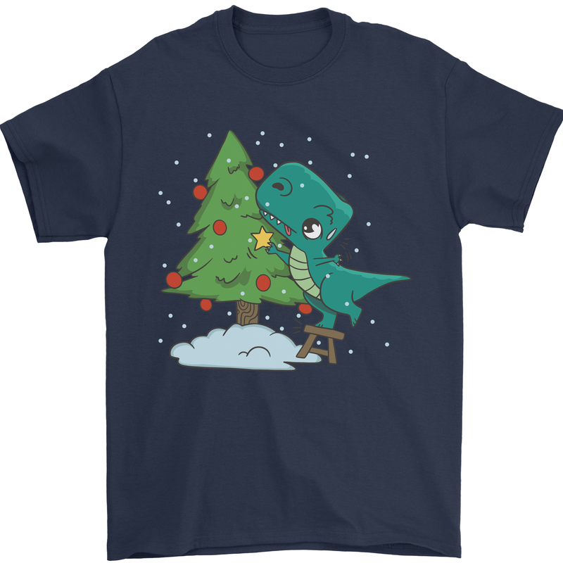 Funny T-Rex Christmas Tree Dinosaur Mens T-Shirt Cotton Gildan Navy Blue