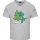 Funny T-Rex Christmas Tree Dinosaur Mens V-Neck Cotton T-Shirt Sports Grey