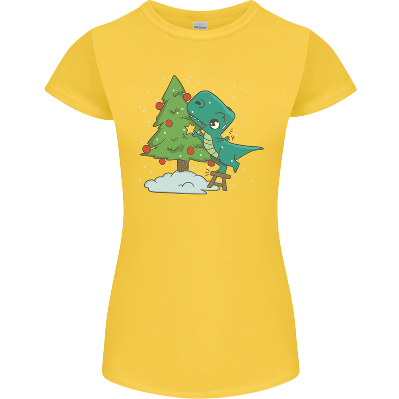 Funny T-Rex Christmas Tree Dinosaur Womens Petite Cut T-Shirt Yellow