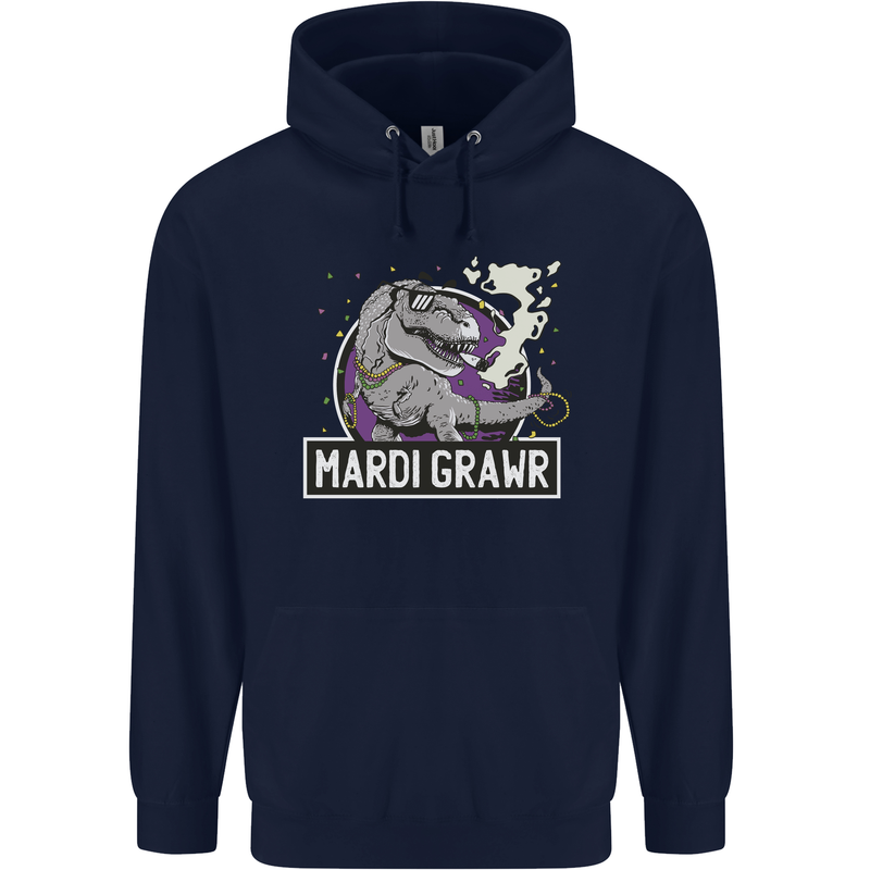 Funny T-Rex Mardi Gras Grawr Dinosaur Childrens Kids Hoodie Navy Blue