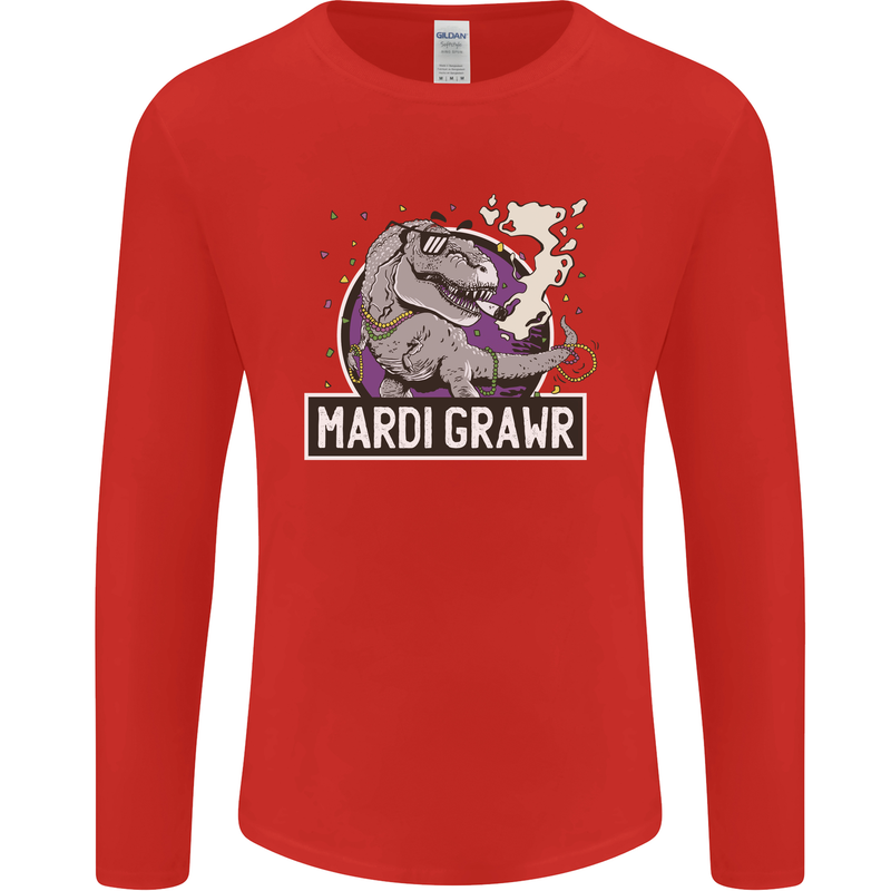 Funny T-Rex Mardi Gras Grawr Dinosaur Mens Long Sleeve T-Shirt Red