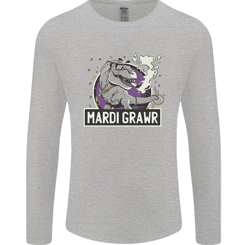 Funny T-Rex Mardi Gras Grawr Dinosaur Mens Long Sleeve T-Shirt Sports Grey