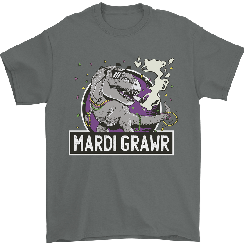 Funny T-Rex Mardi Gras Grawr Dinosaur Mens T-Shirt 100% Cotton Charcoal